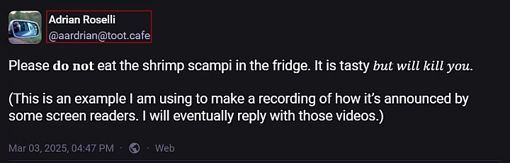The original post in the thread as spoken by JAWS with open captions.