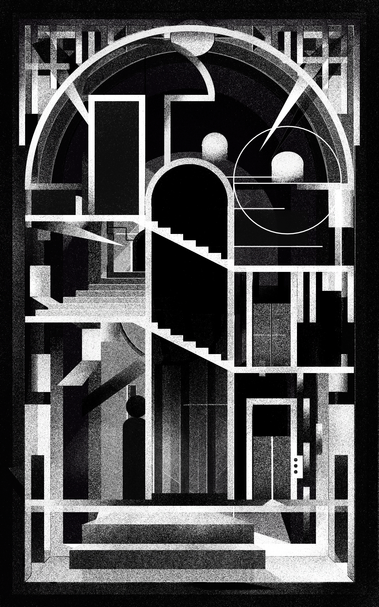 The image is a black-and-white digital artwork depicting an architectural scene with a symmetrical composition. It features a large arched structure containing three tall vertical arches inside it. At the top center, a circular, tiered light fixture or object emits a bright beam of light that shines down onto the central vertical archway. A staircase leads up to a platform in the foreground, and faint smoke or mist is visible at the base of the arches. The space is dark with strong contrasts of light and shadow, and the image is enclosed within a thick white border.