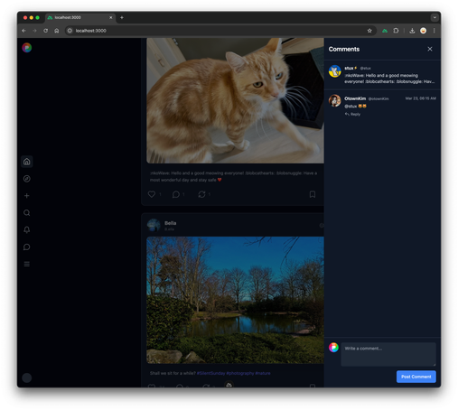 new pixelfed webUI in dark mode with comments open