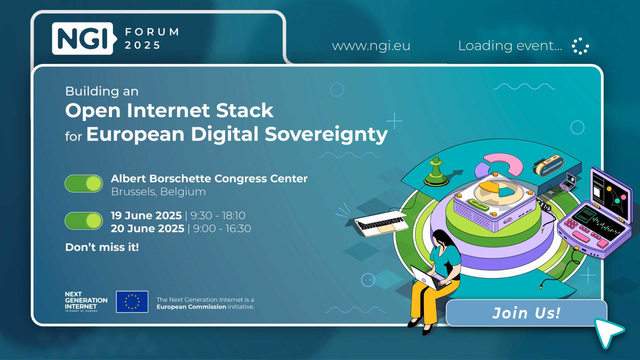 Promotional banner for NGI Forum 2025. The event focuses on 'Building an Open Internet Stack for European Digital Sovereignty' and will take place at the Albert Borschette Congress Center in Brussels, Belgium, on June 19-20, 2025. The banner includes event details such as dates and times: June 19 (9:30 - 18:10) and June 20 (9:00 - 16:30). The design features a futuristic digital illustration with a woman using a laptop, surrounded by technology-related elements like a circuit board, microchip, pie chart, and chess piece. The Next Generation Internet (NGI) and European Commission logos are displayed, along with a call-to-action button that says 'Join Us!