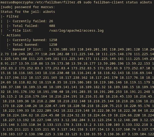A screenshot of the jail status for my Fail2Ban jail "aibots".  1,250 IP addresses have been banned so far.