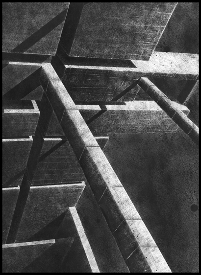 Ink drawing, black in white, brutalist architecture
