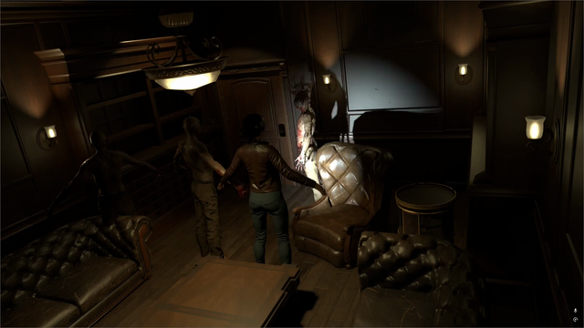 Video of a scene rendered with OpenRE. It's a luxurious living room in dim lighting, with 3D models in T-pose moving repetitively. In the center, a light spins, casting threatening shadows on the walls.