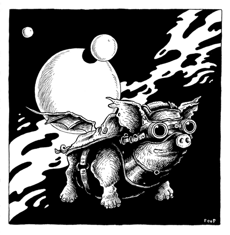 Un étrange cochon, équipé d'un casque et de lunettes d'aviateur vintage, flotte dans l'espace. Il est équipé d'ailes semblables à celles des chauves-souris. Derrière lui on aperçoit des planètes et des nuages de gaz interstellaires. Ce cochon galactique fait référence au cochon géant volant au-dessus de Londres lors de la sortie de l'album "Animals" du groupe Pink Floyd.

A strange pig, wearing a helmet and vintage aviator goggles, floats in space. It has bat-like wings. Behind it, planets and interstellar gas clouds can be seen. This galactic pig is a reference to the giant pig flying over London during the release of Pink Floyd's album "Animals."