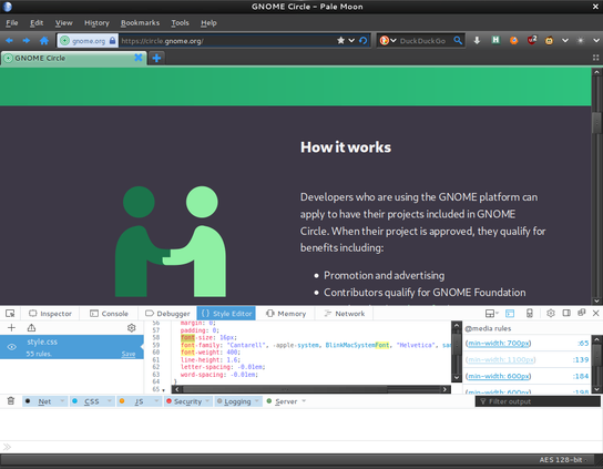 a screenshot of the GNOME circle website with the CSS style editor open showing Cantarell being used for the html and body classes.