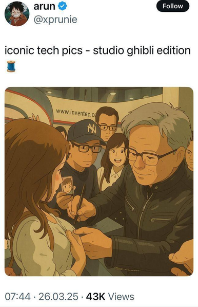 NVIDIA CEO Jensen Huang autographing woman’s breast turned into wholesome Ghibli drawing.