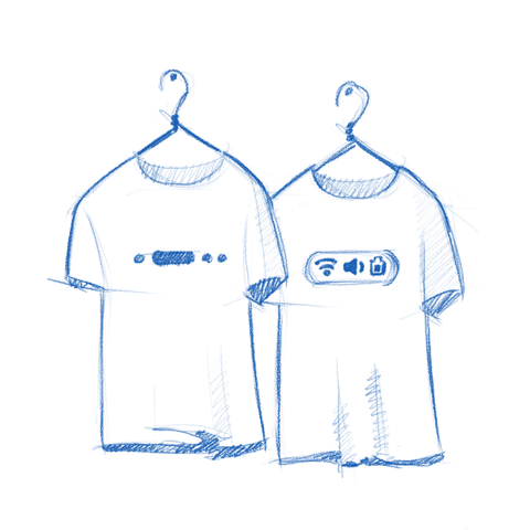 T-shirt design sketch. Two shirts on hangers, one with workspace indicator the other with collapsed quick settings menu icons.