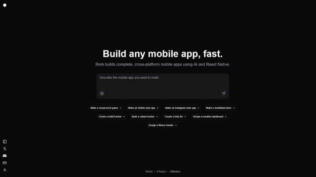 capture d'écran du site Rork.app on voit un message "Build any mobile app, fast" et un champ texte qui nous invite a décrire l'application que l'on souhaite créer.