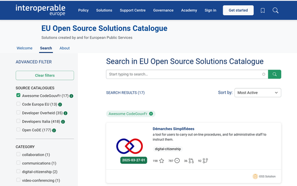 Screenshot of the homepage of the EU Open Source Solutions Catalogue.