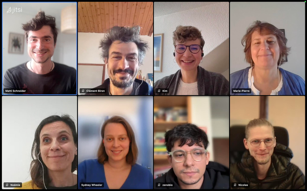 A screenshot of the 8 participants in Open Terms Archive's April Community Call. From top left to bottom right: Matti, Clément, Kim, Marie-Pierre, Noémie, Sydney, Zenobio, Nicolas.