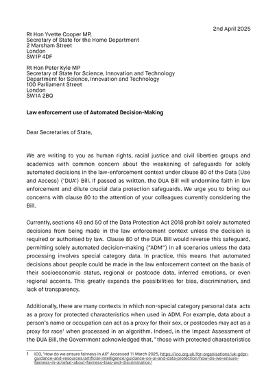 Open letter re: Law enforcement use of Automated Decision-Making