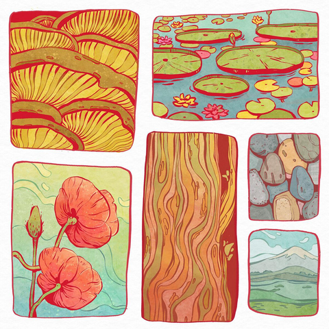 digital drawing of plants and nature in summer, in the format of several rounded rectangles