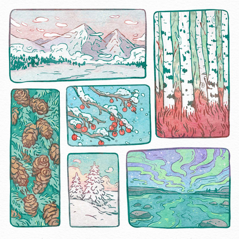 digital drawing of plants and nature in winter, in the format of several rounded rectangles