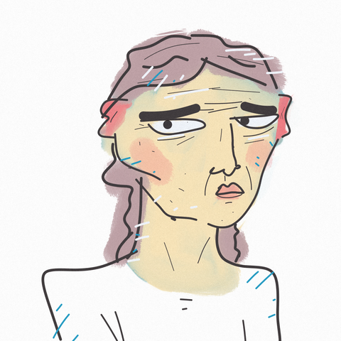 A stylized digital drawing of a white woman with long light brown hair, wearing a white shirt, looking to the side, eyebrows slightly raised, but overall neutral facial expression.

The drawing has sketchy qualities while it attempts to portray skin tones somewhat realistically, with a light-blue color peeking through a top layer of yellowish skin, with some redness in the ears and cheeks.