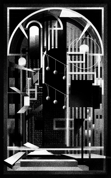 The image is a black-and-white digital artwork depicting an architectural scene with a symmetrical composition. It features a large arched structure containing three tall vertical arches inside it. At the top center, a circular, tiered light fixture or object emits a bright beam of light that shines down onto the central vertical archway. A staircase leads up to a platform in the foreground, and faint smoke or mist is visible at the base of the arches. The space is dark with strong contrasts of light and shadow, and the image is enclosed within a thick white border.