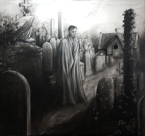 A drawing of a male-presenting figure clad in a robe standing on a path in a graveyard.
