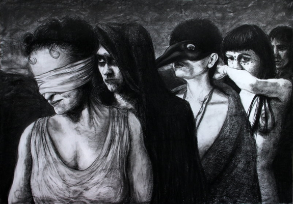 A drawing of five people walking in line. The first is blindfolded, the second wears a robe and face paint, the third wears a mask with a crow's bill, the fourth wears ancient Hellenic makeup, the fifth is mainly in shadow