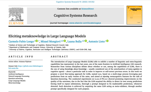Paper on Cognitive Systems Research by Antonio Lieto on Metaknowledge in Large Language Models