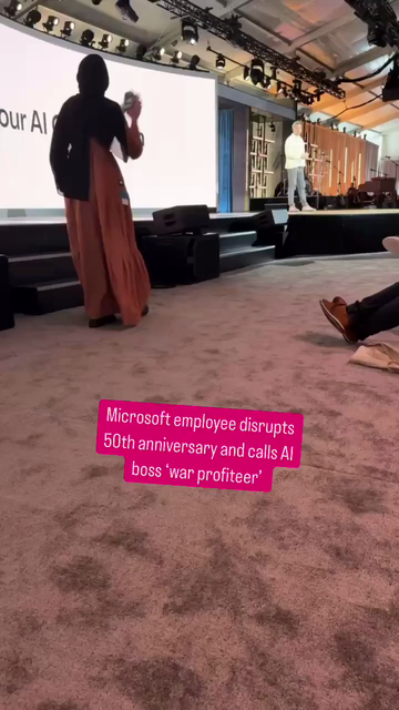 Comrades in Seattle disrupt a Microsoft 50yr anniversary by interrupting the speech given by Microsoft AI division head Mustafa Suleyman. The Microsoft AI has sold "AI" solutions to the IDF which have lead to countless deaths in the Gaza genocide.