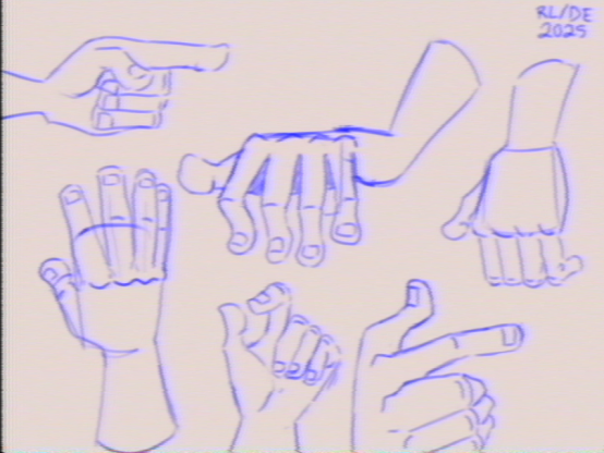 A group of cartoon-styled hands in different poses. Hands are sketched out in blue color, against white background. There is a retro VHS-filter over the image.