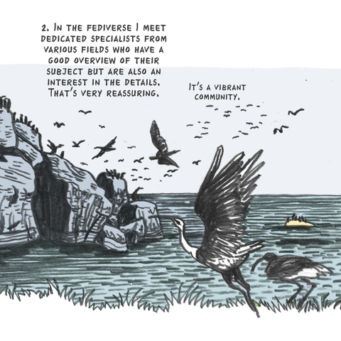 Image: Birds on a rock in the sea. Text: Here, I meet dedicated specialists from various fields who have a good overview of their subject matter but also an interest in the details. That's very reassuring.
It's a vibrant community.