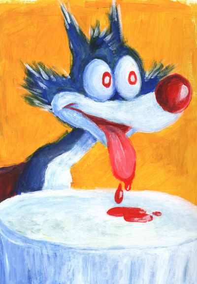 acrylic painting of a beady-eyed cartoon wolf sitting at a table. a few drops of blood are dripping off the tongue