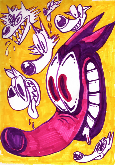 marker sketches of some intense-looking cartoon wolf heads
