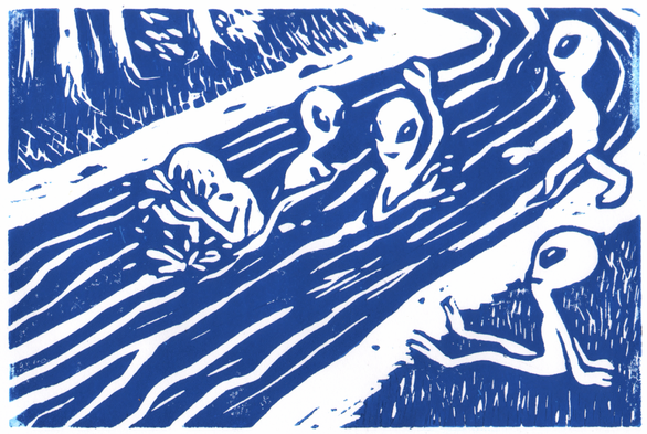 linocut print of space aliens bathing in a river