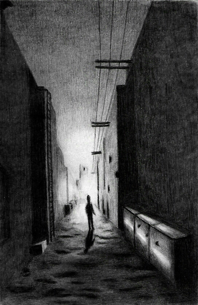 Silhouetted figure walks down a very dark alley with a overpowering bright light in the distance.