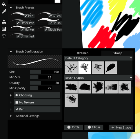 user interface mockup about brush shape selector and brush presets preview
