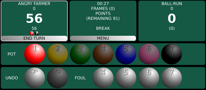 Screen shot of a snooker scoreboard application.