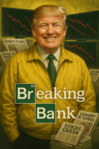 An artistic parody combining elements from the television show "Breaking Bad" and economic themes. It depicts a smiling figure resembling Donald Trump, dressed in a yellow jacket reminiscent of Walter White's attire from "Breaking Bad." The background features financial graphs showing steep declines, as well as newspapers with headlines such as "Markets Plunge," "Stocks Crash," and "Economy in Turmoil." The stylized title, "Breaking Bank," mimics the font and periodic-table styling of the "Breaking Bad" series title, suggesting financial or economic turmoil.