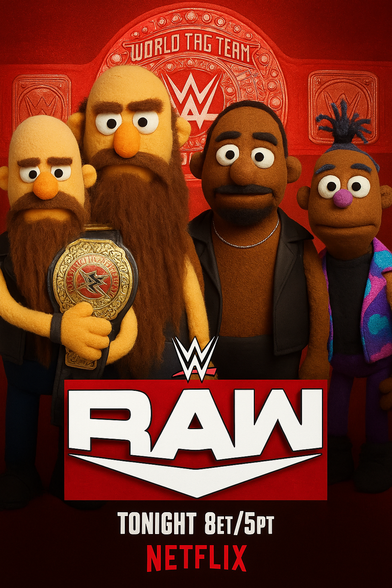 A creative parody of WWE RAW promotional artwork, featuring puppet-style representations of popular wrestling tag teams. On the left are The War Raiders, characterized by long beards and holding a WWE championship belt. On the right are The New Day, portrayed as colorful, expressive puppets. The background prominently features a stylized “World Tag Team” WWE championship belt, along with the WWE RAW logo. Text at the bottom advertises “RAW” airing tonight at 8 ET/5 PT on Netflix, humorously merging WWE and puppet-themed aesthetics.