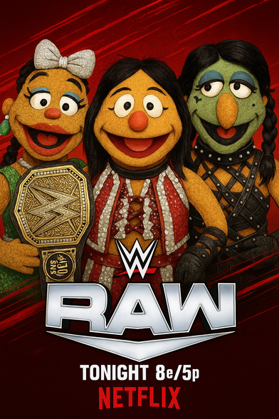 Another fun, Muppet-style parody poster promoting WWE RAW on Netflix, featuring puppet versions of three top WWE Superstars:
	
•	On the far left is Bianca Belair, depicted with her signature long braid.
	
•	In the center is Iyo Sky, wearing a sparkly red and white outfit resembling her real-life ring gear and holding a WWE Women’s Championship belt.

•	On the far right is Rhea Ripley, shown with greenish skin, dark braided hair, and black leather attire, echoing her edgy style.

The background features bold red streaks, and the iconic WWE RAW logo is prominently displayed at the bottom, along with the text: “TONIGHT 8e/5p” and “NETFLIX.” Like others in this series, it blends the worlds of pro wrestling and puppetry with a humorous twist.