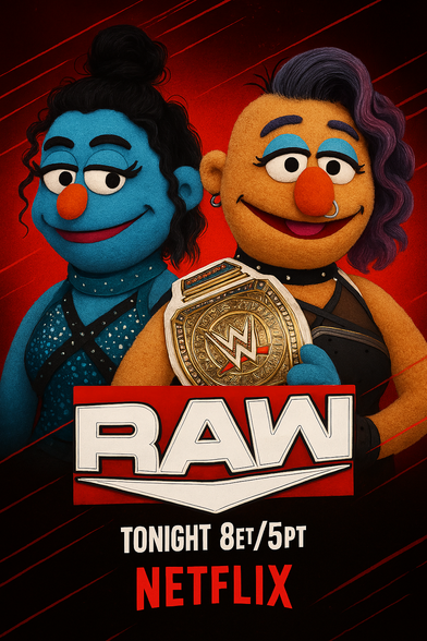 An image that humorously portrays WWE wrestlers Lyra Valkyria (left) and Bayley (right) as puppet characters in a stylized promotional poster for WWE RAW on Netflix. Lyra is depicted with blue skin and dark hair, while Bayley appears with tan skin, purple-highlighted hair, and is prominently holding the Women’s Intercontinental Championship belt. However, there’s a notable error due to AI generation: the Women’s Intercontinental Championship belt is incorrectly placed with Bayley instead of Lyra Valkyria. The poster maintains the classic WWE RAW design with a bold red background and text promoting the showtime.
