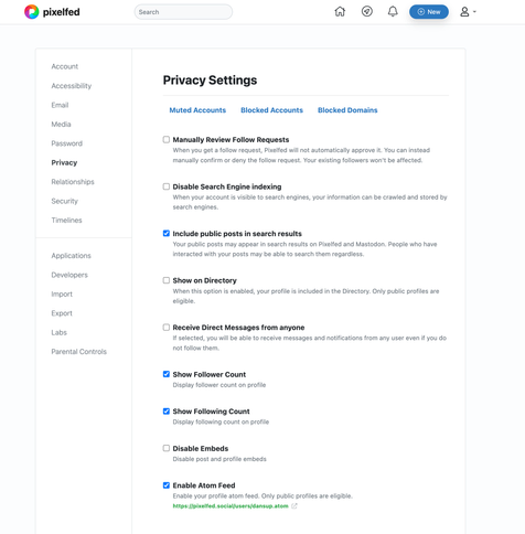 Pixelfed privacy settings