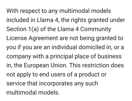 Screen grab from the llama4 usage policy saying thst rights are not granted if you're an individual or a company in the European Union