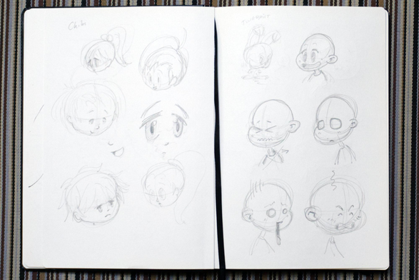 Photo of a sketchbook with japanese style comic characters. The sketches in light pencil focus on facial expression.