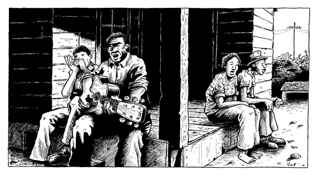 Deux bluesmen jouent, assis devant une maison en bois. L'un est à la guitare, l'autre à l'harmonica. Un peu plus loin sur la terrasse un homme et une femme profitent de ce moment de musique. La scène se passe quelque part dans le Mississippi dans les années cinquante. Peut-être un dimanche durant lequel les ouvriers agricoles se reposent de leur dur travail et prennent un peu de bon temps.

Two bluesmen are playing, sitting in front of a wooden house. One is playing guitar, the other is playing harmonica. A little further away on the terrace, a man and a woman are enjoying this musical moment. The scene takes place somewhere in Mississippi in the 1950s. Perhaps on a Sunday when farm workers are resting from their hard work and enjoying themselves.