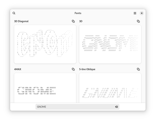 A screenshot of Calligraphy, showing a list of fonts with displaying the text "GNOME"