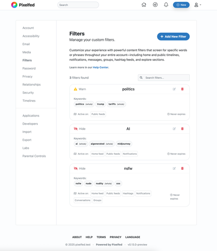 Pixelfed filters list v1 design