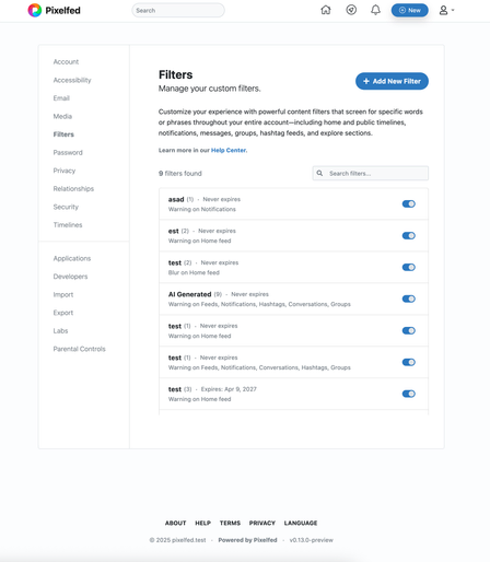 Pixelfed filters list latest design