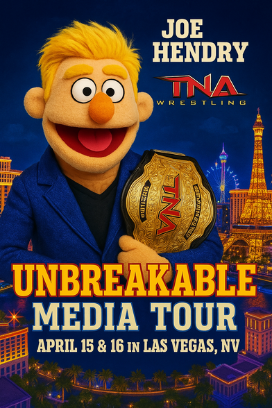 An AI-generated parody recreating a real advertisement for TNA Wrestling, featuring Joe Hendry in a Muppet-style puppet form. The poster promotes the “Unbreakable Media Tour” scheduled for April 15 & 16 in Las Vegas, NV.

Joe Hendry is depicted with exaggerated puppet features—bright blond hair, a wide smile, and a cheerful expression—while proudly holding the TNA Championship belt. The background features a stylized view of the Las Vegas Strip, with iconic landmarks like the Eiffel Tower replica and the High Roller observation wheel.

The playful reimagining mirrors the original promo while adding a humorous twist through its puppet aesthetic, blending wrestling fandom with creative AI art.