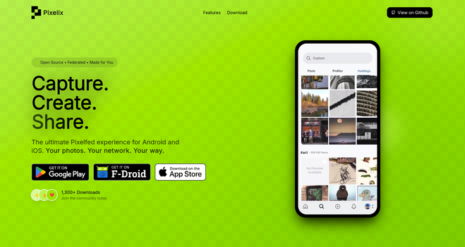 Hero section of app.pixelix.social. On the left side the Headline "Capture, Create, Share" and the badges for Google Play, F-Droid and App Store. On the right side a screenshot of the app