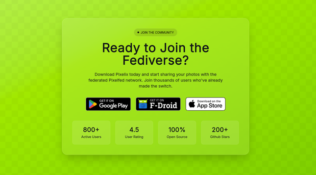 The Download section of the pixelix website. Headline: "Ready to join the Fediverse?" Also showing the badges for Google Play, F-Droid and App Store