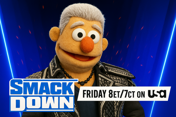An AI-generated recreation of a WWE SmackDown preview graphic, humorously transforming Cody Rhodes into a Muppet-style puppet character.

Cody is portrayed with light gray hair, thick eyebrows, and his signature confident smile. He wears a black studded leather jacket and a beaded necklace, staying true to his flashy, charismatic look. The SmackDown logo is featured in bold blue and white in the bottom left corner, alongside text that reads:
“FRIDAY 8ET/7CT ON USA”, mimicking the official promotional style of WWE broadcasts.

This playful rendering merges WWE presentation with classic puppet aesthetics, delivering a lighthearted and creative spin on Cody’s larger-than-life persona.
