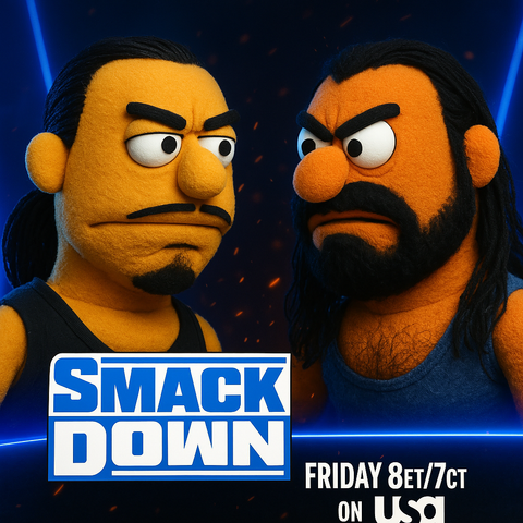 An AI-generated parody of a WWE SmackDown preview graphic, showcasing an intense puppet-style face-off between two top Superstars:
	•	On the left is Damian Priest, sporting his signature goatee, sharp eyebrows, and a stern glare. His puppet version maintains his brooding aura, complete with a black tank top and pulled-back hair.
	•	On the right is Drew McIntyre, depicted with long dark hair, a full beard, and an equally fierce expression. He wears a dark tank top, matching his rugged persona.

The SmackDown logo appears prominently in the bottom left, and the broadcast info—“FRIDAY 8ET/7CT ON USA”—runs along the bottom. The glowing blue lines and ember-like background details add dramatic tension to this humorous yet faithful recreation of a classic WWE promotional graphic.