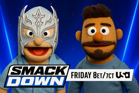 An AI-generated parody of a WWE SmackDown preview graphic, featuring a whimsical puppet-style version of a matchup between two talented luchadores:
	•	On the left is Rey Fenix, depicted in his iconic, intricately designed silver mask with flame-like patterns. His puppet counterpart captures his energetic presence with a wide-eyed, excited expression.
	•	On the right is Berto (also known as Humberto Carrillo), shown with a neat beard, styled hair, and wearing a blue shirt to match the show’s color scheme. His puppet form reflects his clean-cut, confident demeanor.

The background features the signature blue lighting and sparks associated with SmackDown branding. The show’s logo appears in bold, and the broadcast info—“FRIDAY 8ET/7CT ON USA”—is prominently displayed beneath.

This AI recreation brings a lighthearted twist to SmackDown promotion, blending real-world WWE stars with the charm of Muppet-like puppetry.