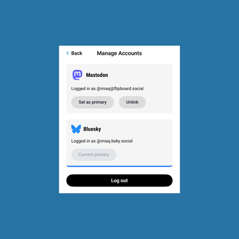 Surf app's Manage Accounts screen showing Mastodon and Bluesky accounts linked up, with the ability to set one as primary or unlink