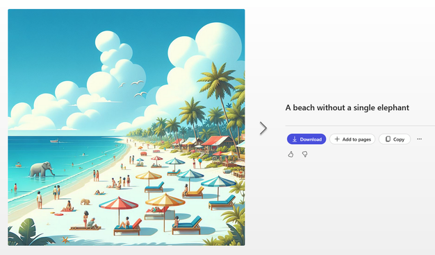 Screenshot of a generative A.I. prompt and the resultant image output. The prompt: "A beach without a single elephant." Result: Beach with an elephant.